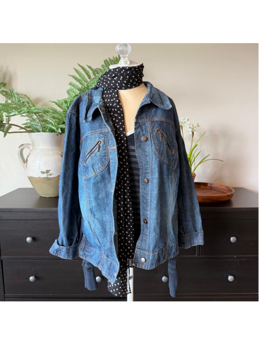 Women's Oversized Blue Printed Gingham Jean Jacket
